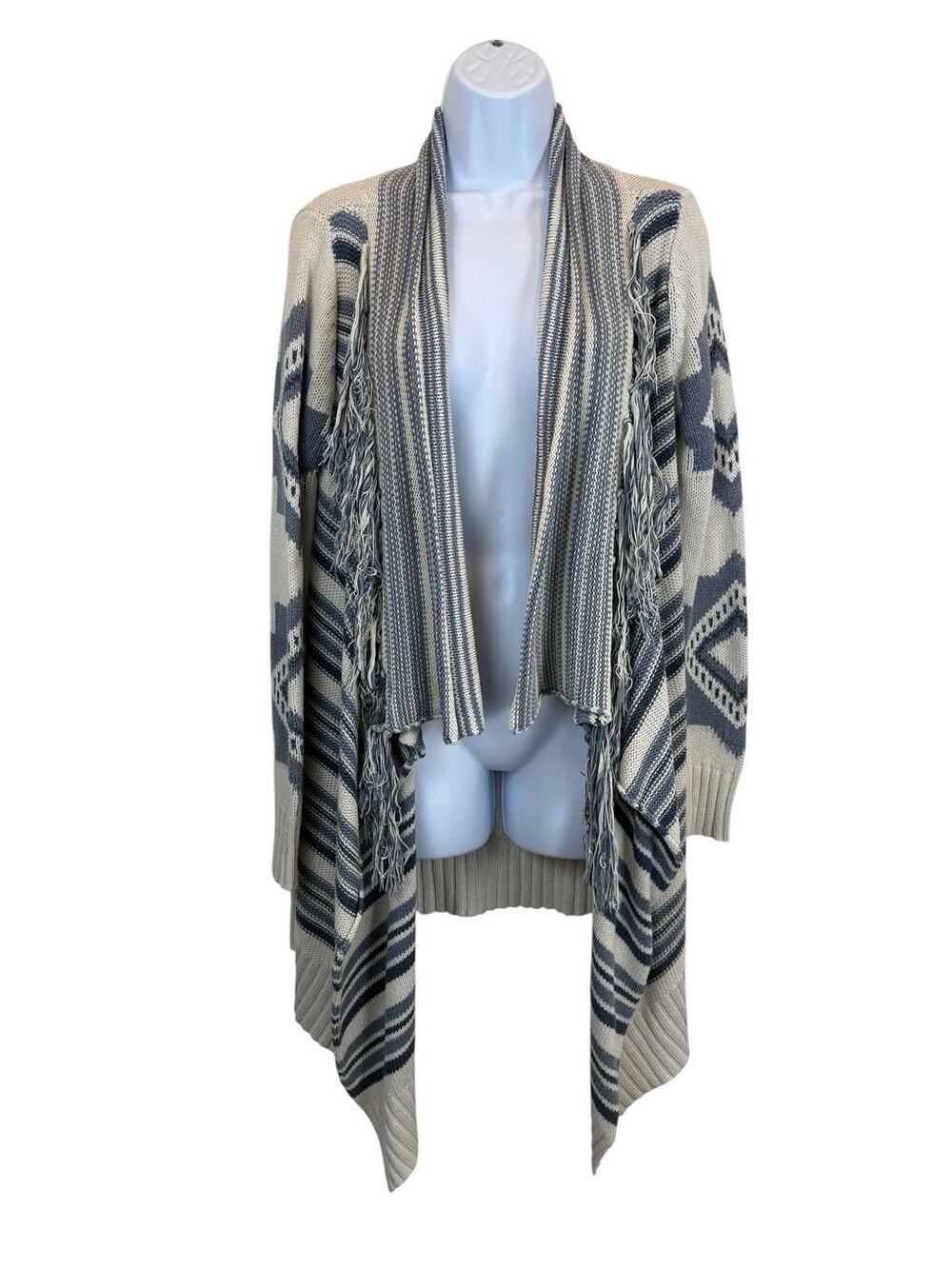 PJ Salvage Sweater Womens Medium Blue Open Front Fringe Cardigan Boho Western